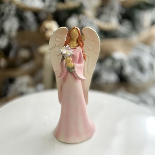 hvfun Figura de ángel de Resina Pintada a Mano con Flores, Rosa