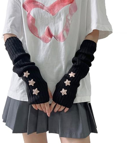 BelleVive Y2K stickade armvärmare japanska harajuku-cosplay lolita söta fingerlösa vantar tumhål handskar, Y2k armvärmare fingerlösa handskar cosplay kostym för tonåringar, svart, L