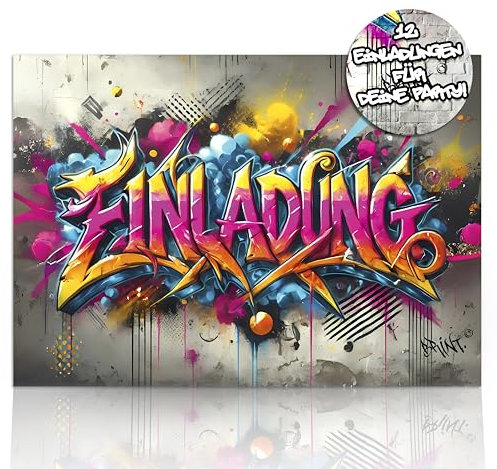 brint.® | 12x Einladungskarten Kindergeburtstag Junge & Mädchen | Graffiti | Freches Design mit cooler Rückseite | Geburtstagseinladungen zur Party-Einladungen für Jungen zum Geburtstag Kinder