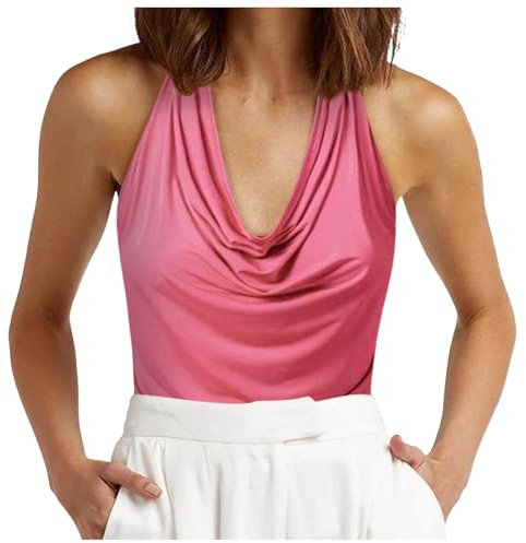 Débardeurs habillés tendance pour femme en satin de soie décontracté basique sans manches col en V ample froncé d'été Y2K débardeur ample col bénitier sortie printemps, rose vif, XL