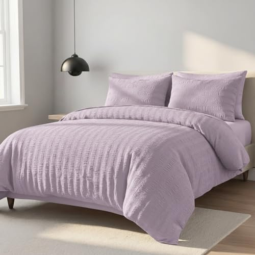 Z&A Homz Z&A Bedding King Seersucker Duvet Cover Lilac - Breathable & Washable Comforter with Pillowcases - Luxury Soft Brushed Microfiber Quilt Cover - Easy Care Comforter Set