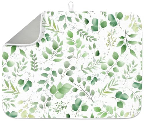 INFUNLY Green Leaf Dish Drying Mat for Kitchen Counter 18X24 Plant Leave Absorbent Dish Draining Mat Large Modern Heat Resistant Coffee Bar Mat for Table Faucet Sink Coffee Bar Refrigerator