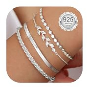 CASSIECA 3Pcs Pulsera Mujer Plata Pulsera de Plata Mujer 925 Esterlina Ajustable Pulseras de Mujeres Apilables Pulseras Espiga Hoja Joyería para Mujeres Niñas