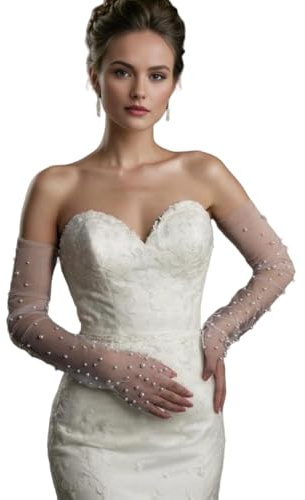 Eiaork Women's Sexy Sheer Gloves，Long Tulle Pearl Glove Elbow Length Party Gloves Costumes Bridal (Off White-27, Long)