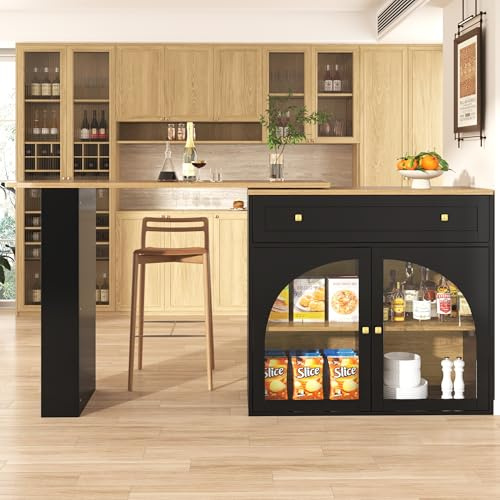 Moimhear Ausziehbarer Stehtisch mit Stauraum (138-204×39×104cm), 360° drehbare Esstheke, fahrbar, Bistrotisch, Sideboard mit Ablagen und Glas (Schwarz+Holzfarbe)