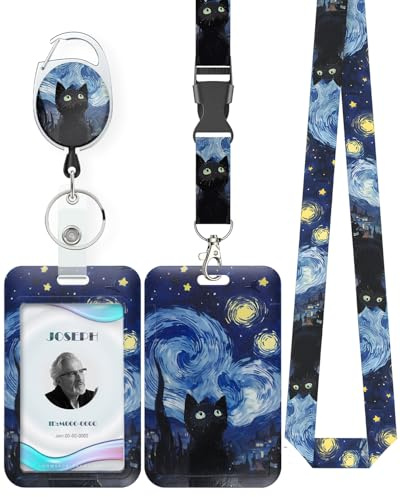 Uniclife Porte Badge Coulissant Nuit étoilée & Chat Plastique Enrouleur Badge Rétractable Mousqueton Lanière Détachable Porte Carte Navigo Vertical Gaufré Travailleur Infirmier Enseignant