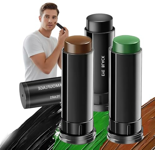 3 pcs Kit de Pintura Facial Camuflaje Militar, Maquillaje Militar para Rostro y Cuerpo, Colores Mezclables No Tóxicos, Colores para Bodypainting, Halloween, Fiestas y Cosplay (Negro, Marrón, Verde)
