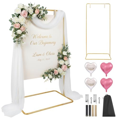 Adjustable Wedding Sign Stand Holder, Easel Stand for Weddings with balloon,Long String Lights & 4pcs Leather Signs Hanging Straps，Stands for Wedding Welcome Signs for Weddings Birthday,Party Decor
