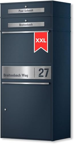 Metzler Bispo Max 2 - Caja para paquetes con 2 buzones (tamaño XXL, tamaño XXL, 2 partes, con compartimento para paquetes, color antracita, 2 unidades, acero inoxidable, con placa para el nombre