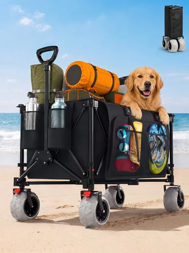 JUMMICO Chariot de Plage à roulettes Pliable ｜ Capacité 200L ｜ Charge 150kg ｜ Poignée Réglable ｜ Sac Latéral 25L Offert ｜ Chariot de Transport avec Frein ｜ pour Plage, Parc, Courses, Camping