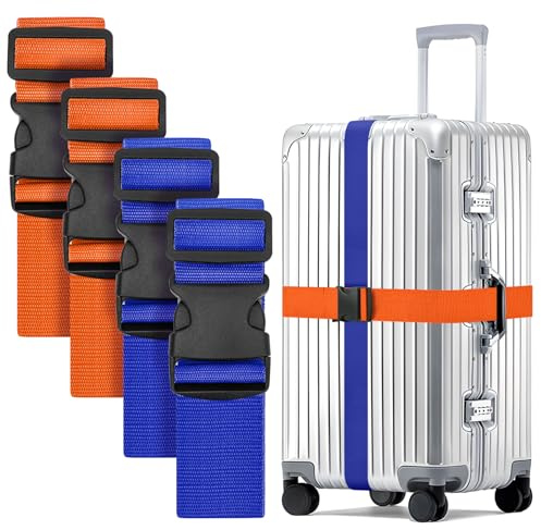 WISYOK Luggage Straps Extended, 4 Pack, 130-250cm Adjustable, Blue Orange | Case Strap for Suitcase, Luggage Belt with Quick Release Buckle, Suitcase Identifier for Travel, Flight, Vacation, Trip