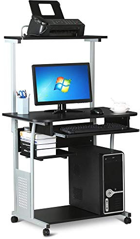 Yaheetech Schreibtisch mit Druckerregal Computertisch schwarz PC Tisch mit 4 Rollen 80 x 50 x 132 cm