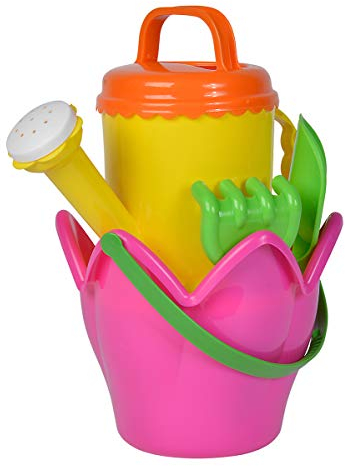 Simba 107114508 - Blüten-Eimergarnitur, 5 Teile, Eimer, Sieb, Schaufel, Rechen, Gießkanne, Höhe 16cm, Sandkasten, Sandspielzeug