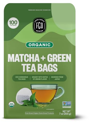 FGO Organic Japanese Matcha + Green Tea, 100 Count, Eco-Conscious Tea Bags, Resealable Bag, Packaging May Vary (Pack of 1)