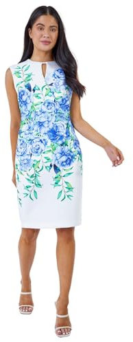 Roman Originals Ruched Waist Dress for Women UK Ladies Side Pleat Winter Autumn Textured Fitted Shift Pencil Smart Lined Stretchy Jersey Work Knee Length Round Neck - Blue - Size 18