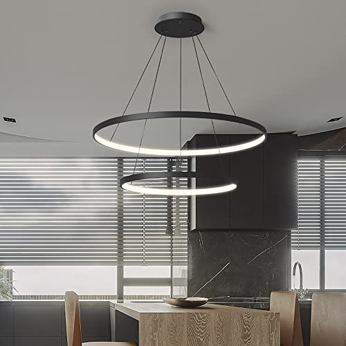 LED pendelleuchte Esstisch,Dimmbar mit Fernsteuerung Modern Pendellampe Schwarz Rund 2-Ring Höhen-Verstellbar Esszimmer Decken-Hängeleuchte für Wohnzimmer Office Flur Beleuchtung,70W,φ60+80CM