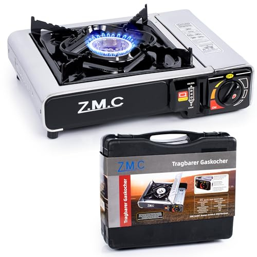 Z.M.C Gaskocher 1-flammig + Aufbewahrungskoffer, Campingkocher für Outdoor und Innenraum, Campinggaskocher 2,2 kW mit Piezozündung, Edelstahl Kartuschenkocher für Camping