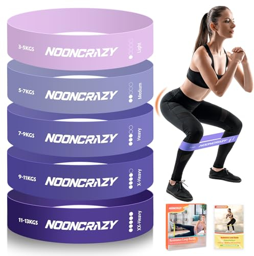 NOONCRAZY Fitnessbänder 5er Set, 100% Naturlatex Resistance Bands mit Übungsanleitung, Gymnastikband 5 Verschiedene Stärken, Widerstandsband für Pilates, Krafttraining, Physiotherapie