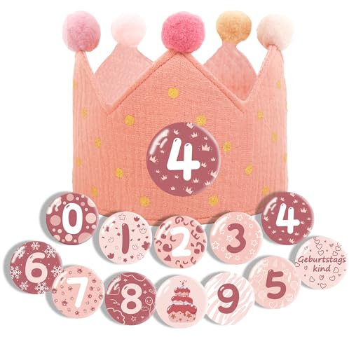 Ainvliya Happy Birthday Girlande Crown, Geburtstagskrone Musselin, Haarschmuck Kinder, Krone Geburtstag für Jungs Mädchen, Partyhütege und Auswechselbaren Zahlen von 0-9 für den Kindergeburtstag pink