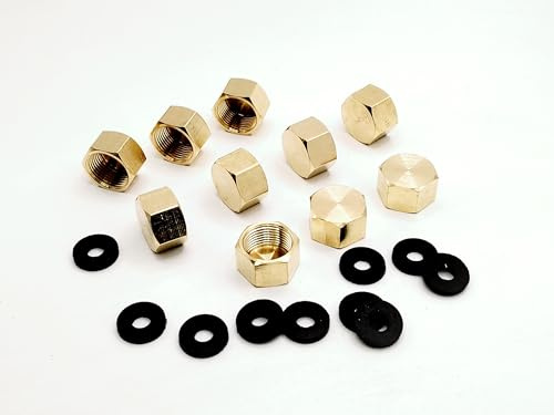 (Pack of 10) Brass 3/8'' Compression valve Cap Fitting for Sink Shut off Angle Stop Water Line Valve with Sealing Rubber Gasket Washer