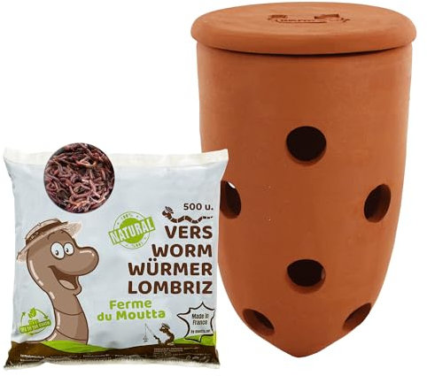 WORMacotta | Lombricompostador 1,1 L en terracota para enterrar | 500 gr de gusanos de compost | Convierte tu maceta en un mircompostador | Composta tus residuos orgánicos