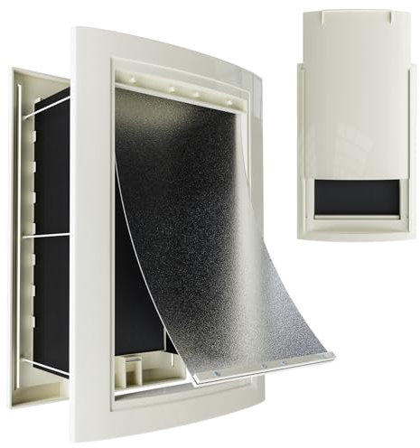 mestyl Dog Door for Wall, Pet Door, Doggie Door with Telescoping Tunnel, Double Magnetic Flaps and Sliding Lock Panels, 3-Flap Dog Door and Cat Door, Easy to Install, White, Large