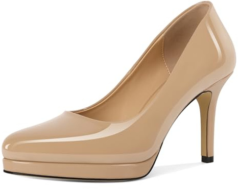 Mettesally Women High Heels Platform Pumps Stilettos Slip-on Fashion Office Women Shoes 3.5 Inches Beige Heels US7R