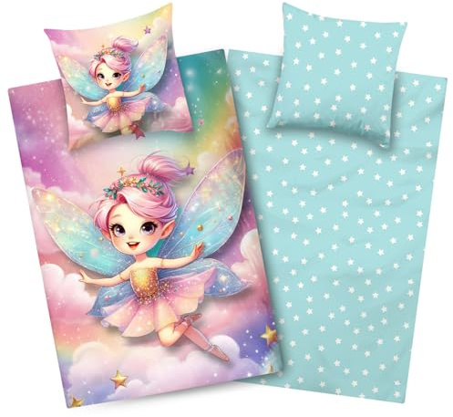 Aminata kids barnsängkläder flicka fe & regnbåge – 135 x 200 cm påslakan + 80 x 80 cm örngott – 100 % bomull vändbara sängkläder med stjärnor – YKK-dragkedja