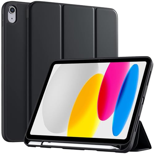 Newbillion Fodral för iPad (A16) 11:e/10:e Generationen (2025/2022, 11/10,9 tum) med Penna/Adapterhållare, Flexibel TPU-baksida, Tunt Skyddsfodral med Stativ, Automatisk Uppvakning/Sömn, Svart