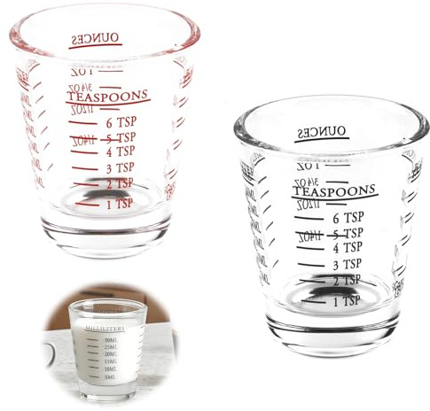 2 Pack Measuring Shot Glasses 30ml/1oz with 4 Measurement Scales , Ounce, Ml, Teaspoon, Tablespoon, Heavy Duty Glass Espresso Cups for Coffee, Medicine, Cocktail, Kitchen Liquid Measuring Tools
