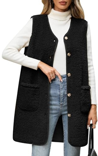 RITOSTA Fleece Women's Gilets Long Lightweight Ladies Jackets Sleeveless Womens Gilet Fluffy Longline Body Warmers Autumn Winter Spring Button Down Fuzzy Vest with Pockets(Black,XL)