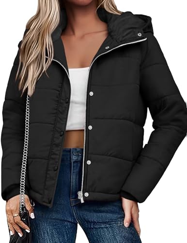 Zeagoo Veste hiver femme doudoune matelassée chaude avec capuche et poches blouson court fermeture éclair et boutons pression coupe vent style quotidien Noir L