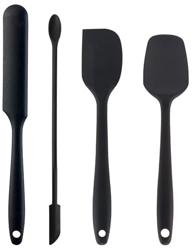 4 Piece Silicone Spatula Set, Kitchen Utensils for Baking, Dough Scraper Cooking and Mixing, 230°C Heat Resistant Seamless One-Piece Design, Flexible Non-Stick Silicone Kitchen Helper, Black