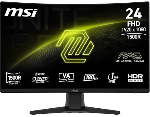 MSI mag 242CA Monitor Gaming de 24 FHD 1500R, 1920 x 1080 VA, 180 Hz, 1 ms, Compatible con HDR, protección Ocular, HDMI 2.0b, DP 1.2a, sin Marco, inclinación Ajustable, Montaje Vesa, Negro