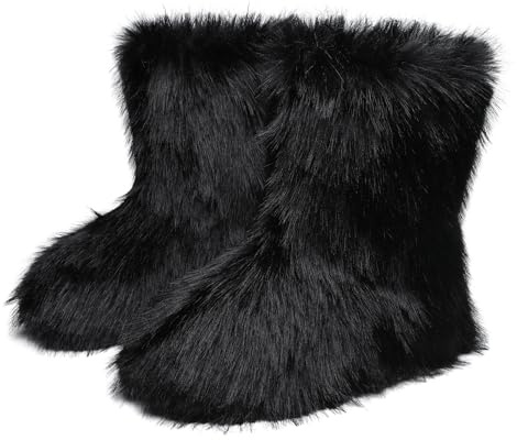 Women's Fluffy Faux Fur Snow Boots Warm Synthetic Fur Lined Outdoor Mid-Calf Fashion Round Toe Ladies Furry Boots Winter Girl Furry Snow Boots Indoor Outdoor Wear Non-Slip Flat Fur Shoes Black UK7.5
