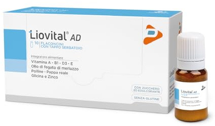 Pharma Line LIOVITAL AD – Integratore Alimentare con Olio di Fegato di Merluzzo, Vitamine A-D-E-B1, Pappa Reale, Polline, Glicina e Zinco, 10 Flaconcini Monodose