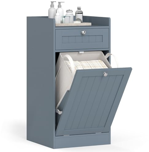COSTWAY Laundry Cabinet, Tilt Out Laundry Hamper Bathroom Storage Cabinet with Drawer & Removable Liner Bag, Freestanding Wooden Dirty Clothes Basket Chest Organiser Unit (1 Drawer+1 Basket, Grey)