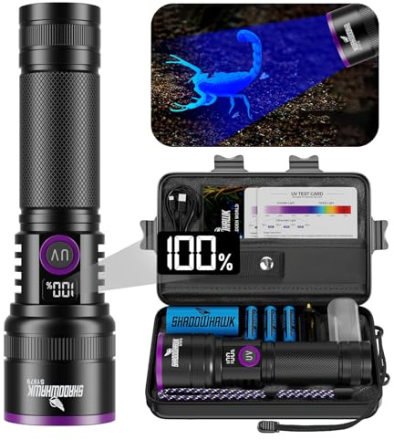 Shadowhawk 365nm Linterna Ultravioleta Con Lente De Filtro - 30W De 4 Núcleos Linterna UV Potente Recargable para la detección de orina de mascotas/curado de resina/rocas/escorpión, etc., Pantalla LCD
