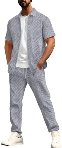 Generico Completo Estivo Da Uomo 2 Pezzi Lino Cotone Completo In Lino Cotone Camicia a Manica Corta + Pantaloni Completa Estivo 2 Pezzi Sportiva Tuta Elegante Casual Leggero Taglie Forti Tinta Unita
