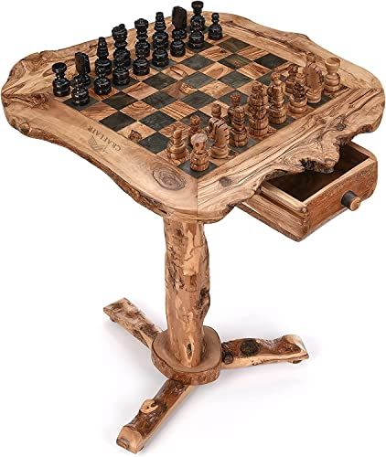 CRAFLAIR ~ INTELLIGENTE ~ Schachtisch ~ 50 * 61 cm ~ Schachspiel Holz Hochwertig ~ Schach Tisch Möbel aus Olivenholz ~ Deluxe-Schachbrett Holz