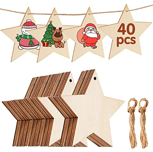 YMIFEEY 40 Estrellas de Madera Blancas - Adornos Navideños de Árbol de Navidad y Etiquetas de Regalo