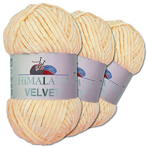 Wohnkult Himalaya 3 x 100 g Velvet Dolphin Wolle 40 Farben zur Auswahl Chenille Strickgarn Flauschwolle Glanz Accessoire Kleidung Decken (90033 | Apricot)
