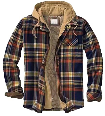 Men's Flannel Shirt Jacket Clearance Quilted Sherpa Lined Winter Coat Hooded Plaid Tartan Check Hoodie Jacket Long Sleeve Button Down Outdoor Outwear Lumberjack Jacket UK Size 8-16