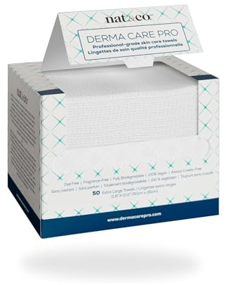 Nat.&Co. Derma Care Pro Professional Grade Extra Large Face Towels - Biodegradable Towel, Makeup Remover Dry Wipes, Facial Wash Cloths for Sensitive Skin - Pack of 1 (50 Count)
