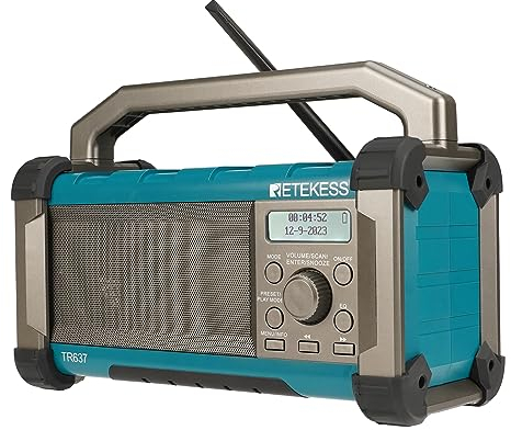 Retekess TR637 Radio de Chantier,Radios Portables FM AM avec Bluetooth,Large 5000mAh Batterie,Étanche et Résistant aux Chutes,Port USB,Poignée de Transport,Poste de Travail