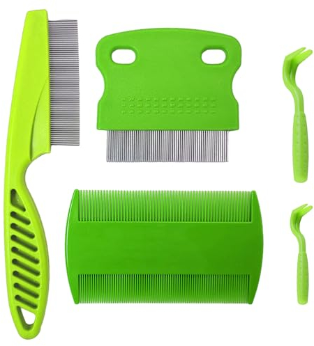 Pettine per Pidocchi 3 Pezzi Con 2 Pinze per Zecche - Set Combinato in Acciaio Inossidabile, Doppio Lato per Animali Domestici (Verde)