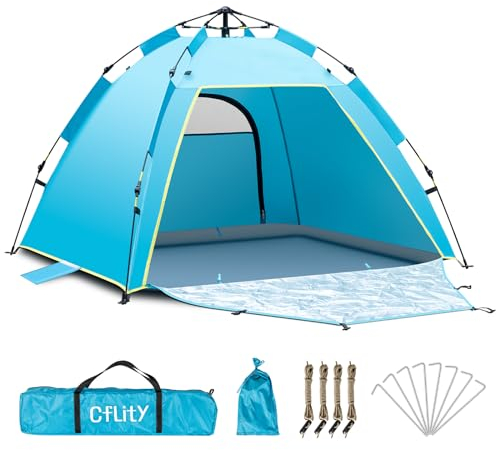 Cflity Strandmuschel, 1-3 Personen Automatische Instant Pop Up Strandzelt, UV Schutz 50+ Sonnenschutz Groß Tragbar Extra Light Pop Up Zelt mit Doppeltür für Garten, Fischen, Picknick