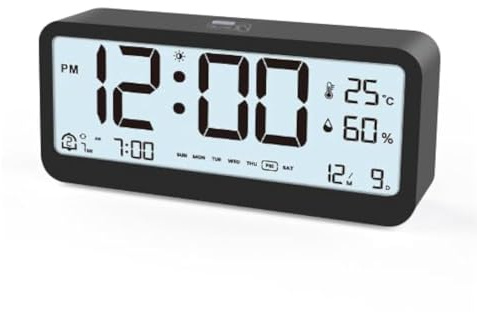 HAPPMY Wecker Digital mit 2 Weckzeiten, Digital Uhr mit Temperaturanzeige und Hygrometer, Digitaler Tischuhr ohne Ticken, Batteriebetrieben Schlafzimmer Nachttisch Digitaluhr