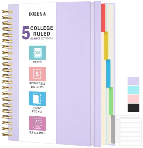 Quaderno a Spirale 21,6 x 28 cm, con 5 Sezioni a Regole Universitarie e Divisori Rimovibili, 300 Pagine Spesse da 100GSM, Grande Giornale A4 Rigato per Uomini e Donne, adatto per Lavoro e Scuola