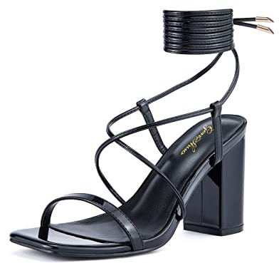 GENSHUO Sandales à Lacets avec Bout Carré Ouvert et Talon Bloc pour Femme, Chaussures de Mariée d'Été pour Mariage, Noir B, EU 38.5